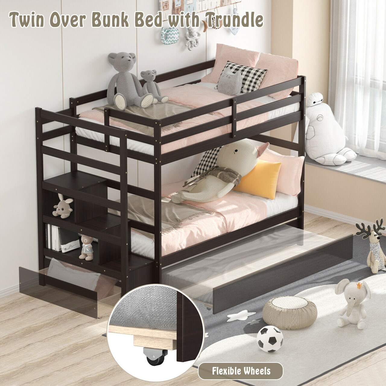 Twin Over Twin Bunk Bed with 3-Step Staircase and Storage Shelf